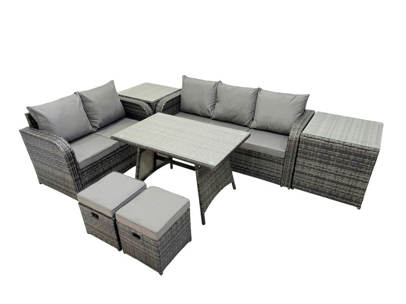Fimous Garden Rattan Outdoor Furniture Set 7 Seater with Love Sofa 3 Seater Sofa 2 Side Table 2 Small Stools Dark Grey