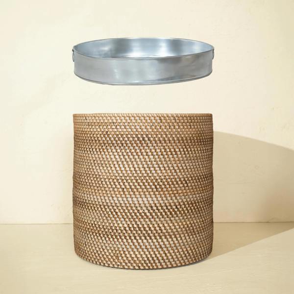 Handwoven rattan planter with removable metal tray insert shown in exploded view for drainage and plant care