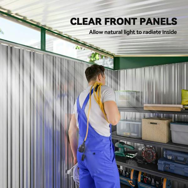 Green metal shed with clear front panels for natural light into storage