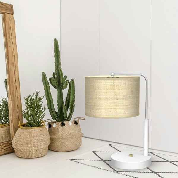 Milagro Marshall Hand Made Designer Table Lamp In Matt White Metal And Natural Rattan Coloured Fabric