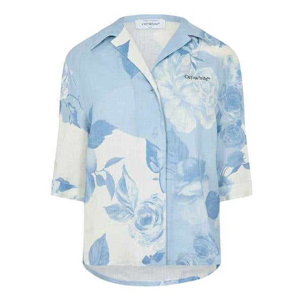 Off White Womens/Ladies Floral Linen 3/4 Sleeve Shirt - White/Blue - 
