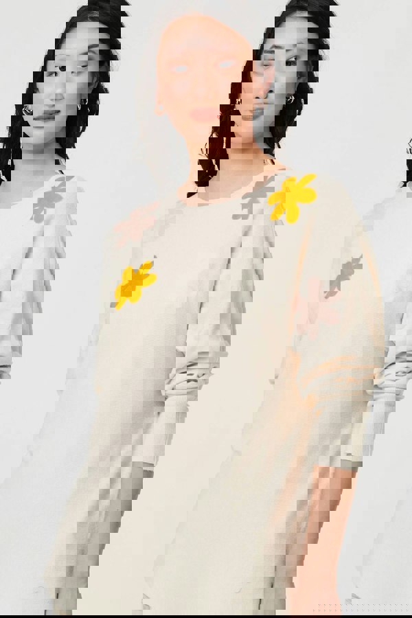 Beige | Floral Embellished Batwing Sleeve Jumper
