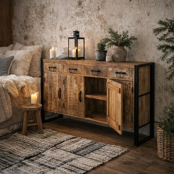 Wyld Haus Toivakka Industrial Reclaimed Wood Large Sideboard 4 Drawers 4 Doors