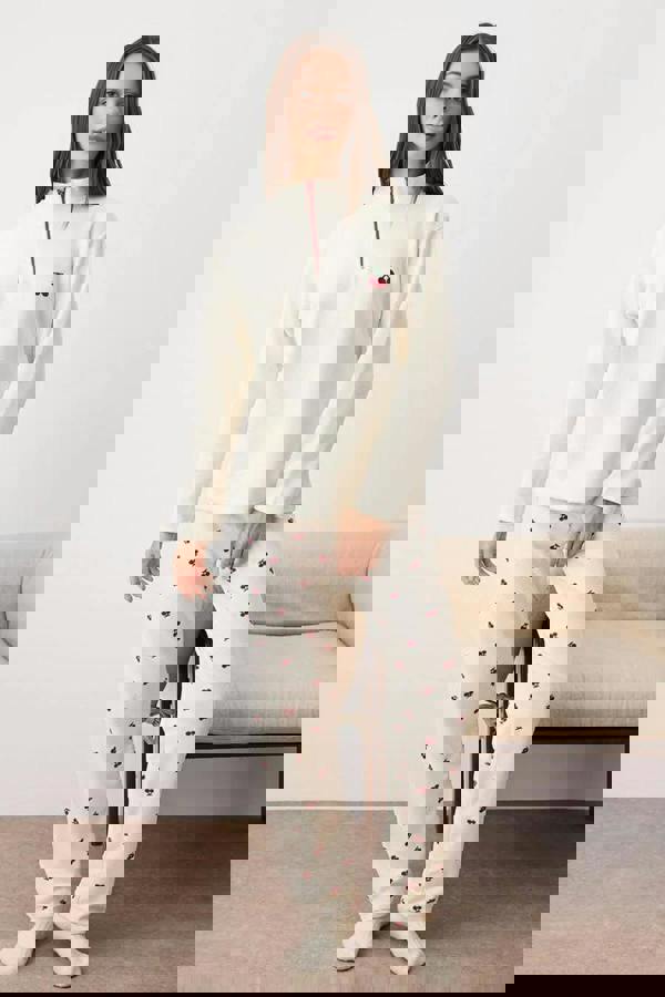 WOVCOR 2-Piece Cherry Patterned Zippered Soft Winter Waffle Knit Pajama Set