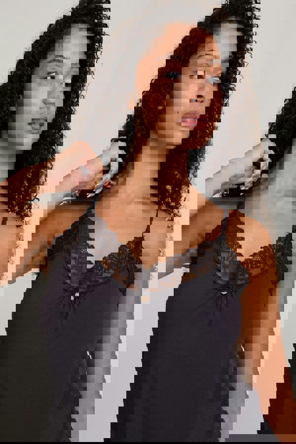 Pretty You London Women's Bamboo Lace Cami Cropped Trouser Pyjama Set in Raven