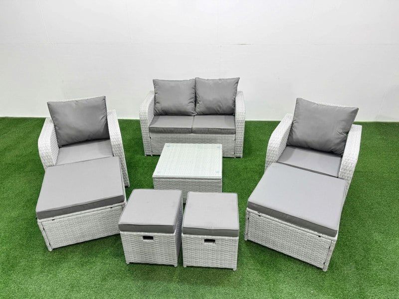 Fimous Outdoor Garden Furniture Set PE Rattan Love Sofa Reclining Chair Set with Coffee Table 4 Footstools Light Grey