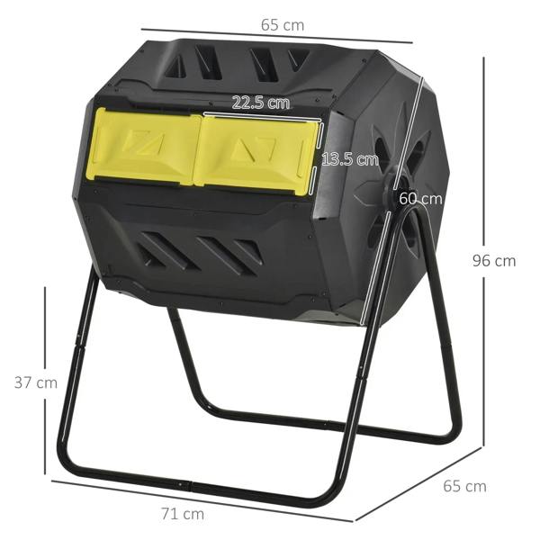 Yellow front panel dual-chamber rotating composter with four support legs, angled view