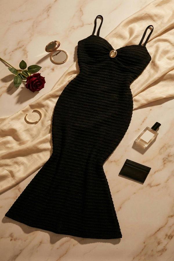 Avina Spaghetti Strap Crochet Knit Maxi Dress With Gem Detail - Black