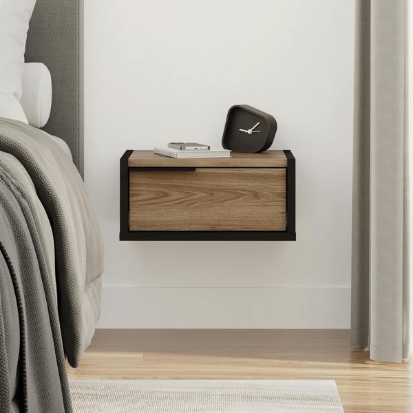 Decortie Eco Floating Bedside Table w/Drawer Modern Nightstand Wall-Mounted Space Saver Metal Handle Bedroom