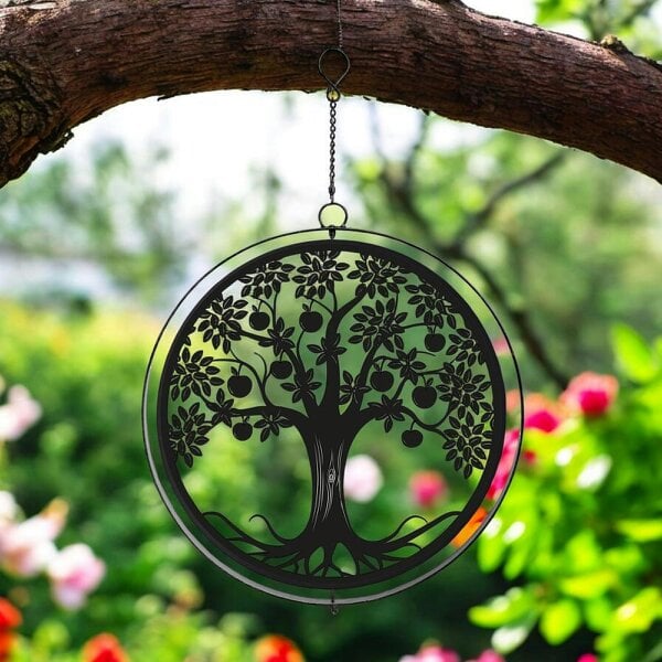 EDH Door Hardware Black Metal Apple Tree Hanging Silhouette Orbit Spinner – 39cm x 23cm | Wind Spinner for Garden, Patio & Home Décor