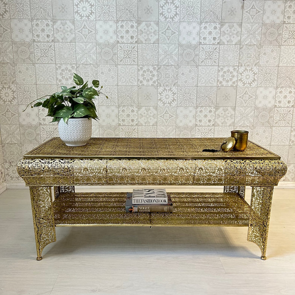 Downton Interiors Light Gold Embossed Metal Coffee Table / TV Stand - Agadir Range