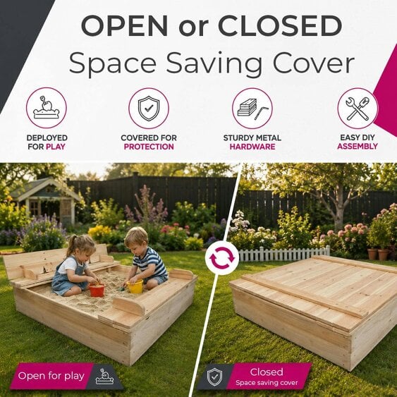 Neo Outdoor Wooden Kids Sandbox Sandpit Folding Bench Lid