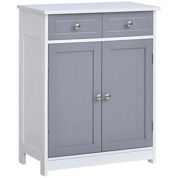 Freestanding bathroom storage cabinet with two drawers and two cabinet doors, grey and white