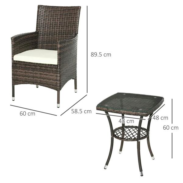 Brown rattan armchair with white cushion and round glass-top table