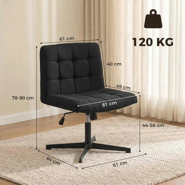 Armless Office Chair, Cross Legged Linen Computer Desk Vanity Chair with Wide Seat, Rocking Function, Black
