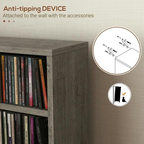 Dark wood-effect CD storage unit top with anti-tipping wall-mount device.