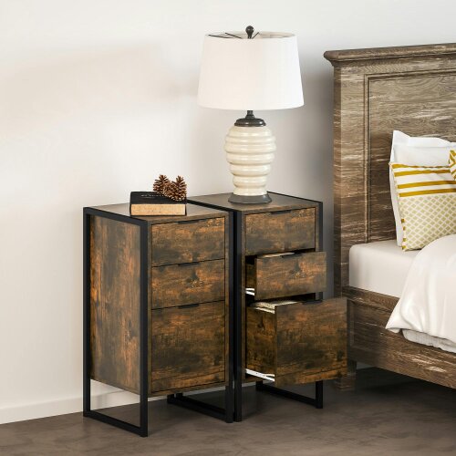 Wyld Haus Naba Metal and Wood Rustic Brown Set Of 2 Industrial 3 Drawer Storage Bedside Tables