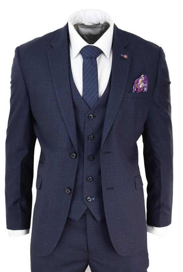 House of Cavani Mens 3 Piece Navy Blue Tailored Fit Retro Classic Suit