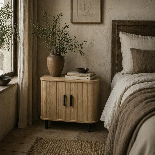 Wyld Haus Ritava Natural Oak Tambour Bedside Table 2 Sliding Doors Black Metal Legs