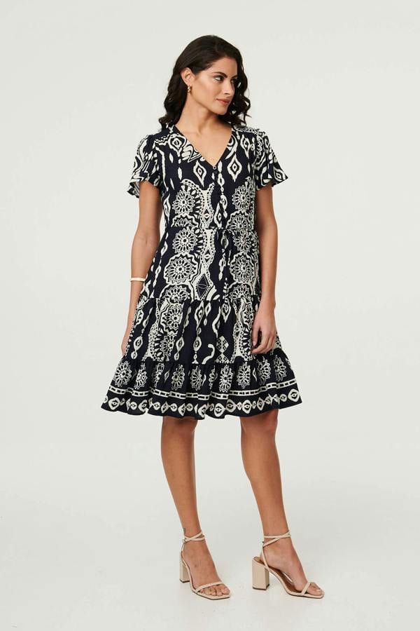 Brown | Abstract Angel Sleeve Knee Length Dress
