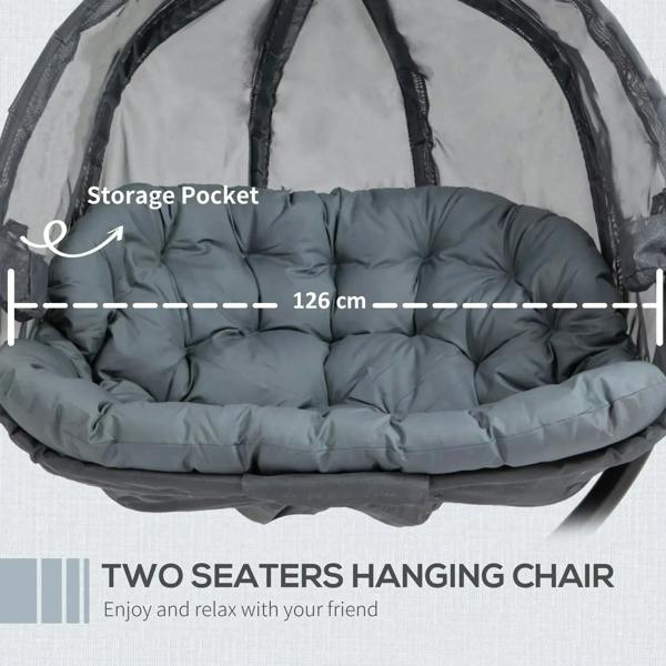 Grey hanging egg chair with deep padded two-seat cushion and curved seat rim