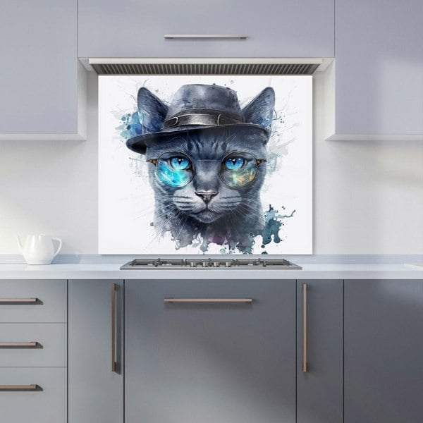 Warren Reed - Designer Russian Blue Cat With Glasses Splashart Kitchen Splashback