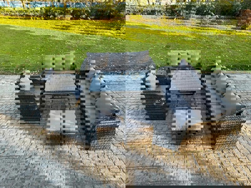 Fimous Outdoor Lounge Sofa Set Wicker PE Rattan Garden Furniture Set with Rectangular Dining Table Reclining Chair 2 Small Footstools Dark Grey Mixed
