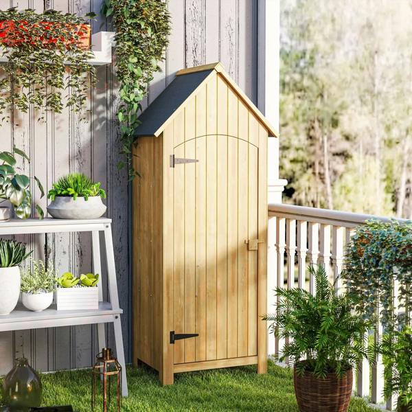 Natural wood garden storage shed with sloped roof and black-hinged door