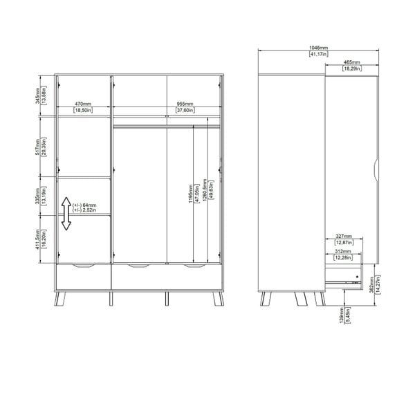 Wyld Haus Lira Jackson Hickory Oak Wood and White Wardrobe 3 Doors  2 Drawers with Mirror