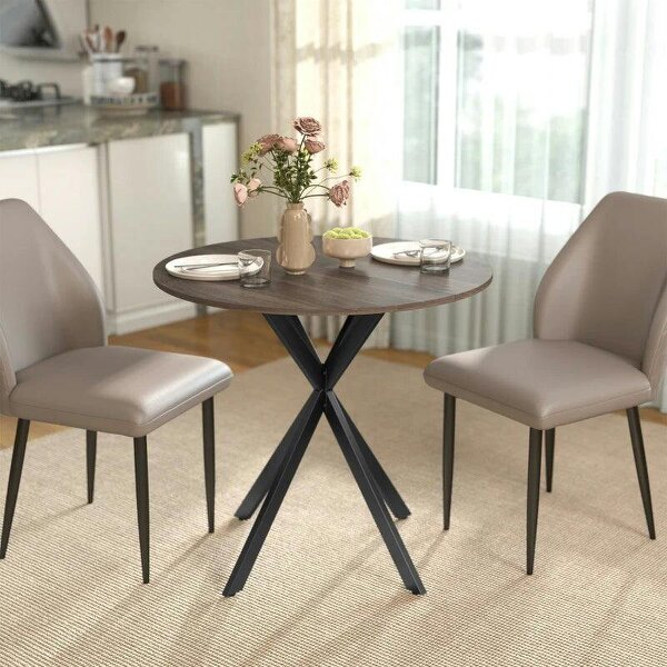 80cm Industrial Round Dining Table - Brown - Brown