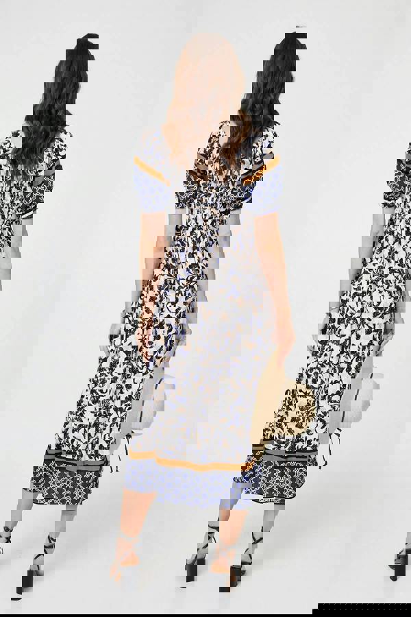 Navy | Floral Border Puff Sleeve Midi Dress