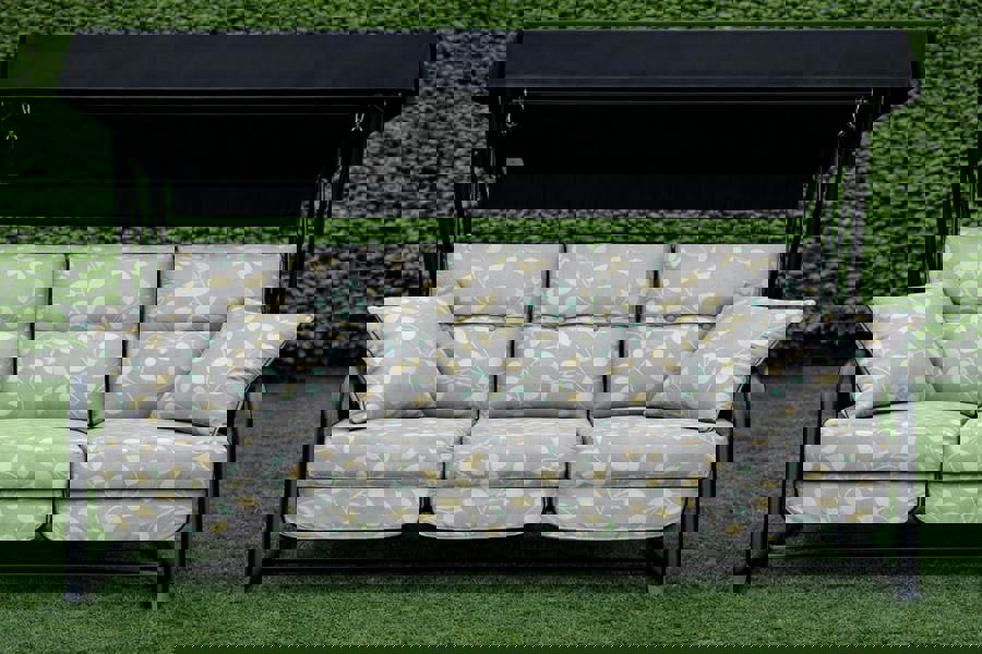 REPLACEMENT CUSHION ONLY Vienna Deluxe 3 Seater Garden Hammock (Pattern options available) 153cm (H) x 140cm (W) X 121cm (D) Country Teal (Black Frame) The Garden Furniture Shop