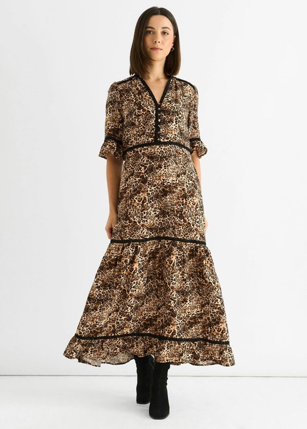 Gini London Brown Animal Print Lace Trim Tiered Midi Dress