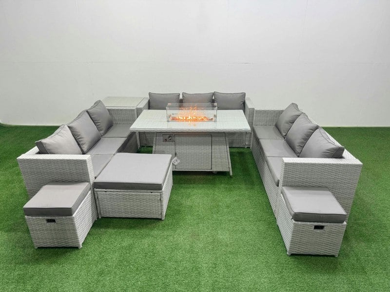 Fimous PE Rattan Lounge Sofa Set Outdoor Garden Furniture Set with Fire Pit Dining Table 3 Seater Sofa Side Table 3 Stools Light Grey
