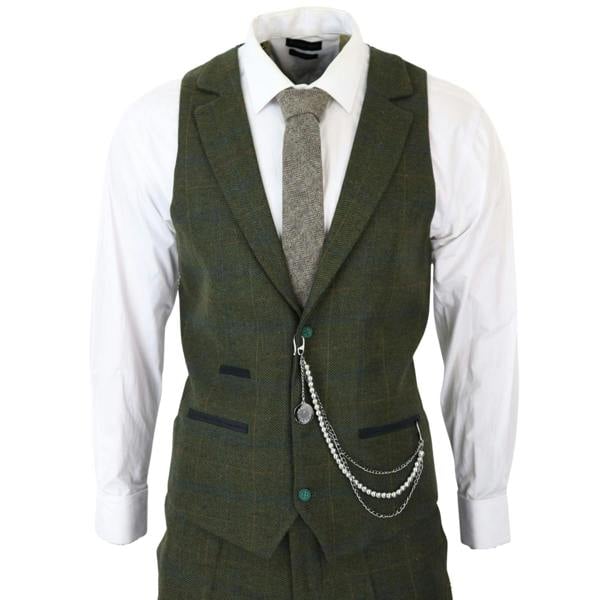 TruClothing Mens 3 Piece Wool Suit Olive Green Tweed Check Peaky Blinders 1920 Gatsby Formal