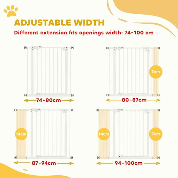 White safety gate illustration showing adjustable extension widths for different openings