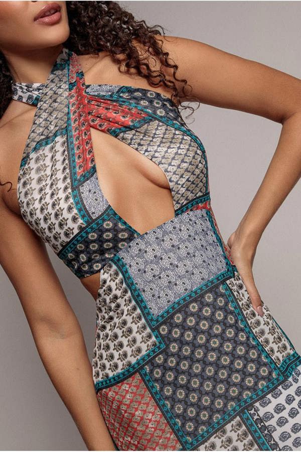 Halter Neck Printed Maxi Dress - Blue DR3504