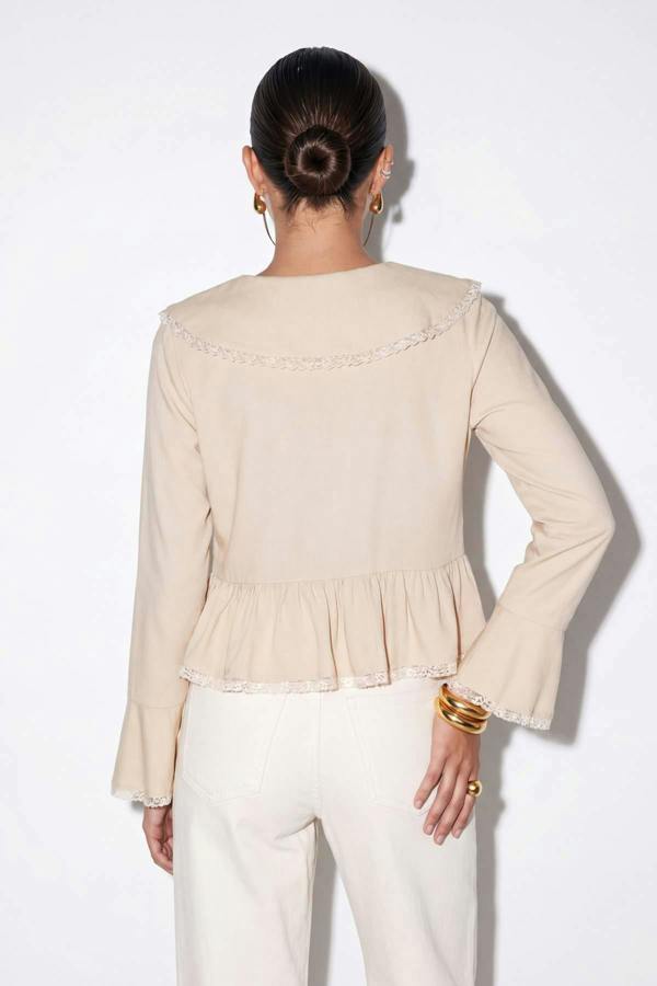 WOVCOR V Neck Long Sleeve Tie Front Lace Detail Blouse