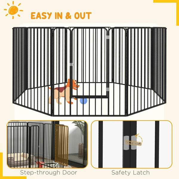 Black metal dog playpen with step-through door and safety latch, wire-bar enclosure