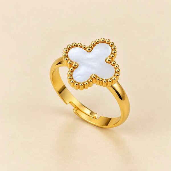 The Colourful Aura Gold Tone Four Leaf Clover Adjustable Ring, Black, White or Gold - White