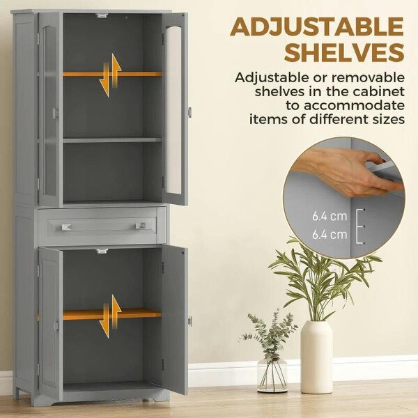 Freestanding Kitchen Cupboard, Storage Cabinet with 2 Adjustable Shelves, Drawer and Glass Door for Living Room, Grey