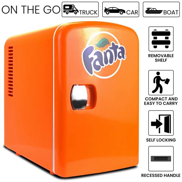 Coca-Cola Fanta 4L Mini Fridge Orange 6 Can Cooler Warmer for Bedroom, Office or Travel (12V Plug)