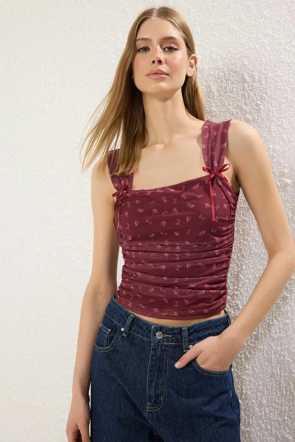 Hoxton Gal Square Neck Mesh Lined Fitted Crop Top with Bow Detail