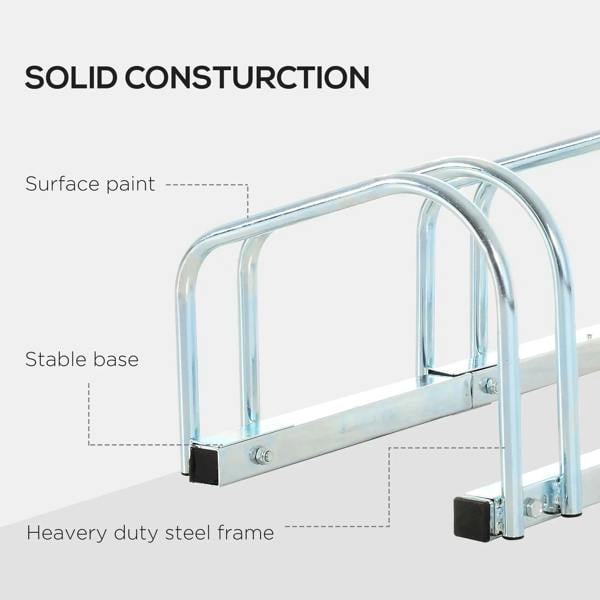 Silver bike parking rack end section with heavy-duty steel frame and U supports