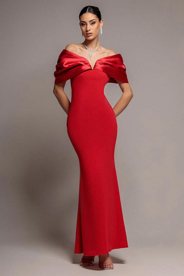 Satin Plunge Neck Bardot Scuba Maxi Dress - Red DR5040