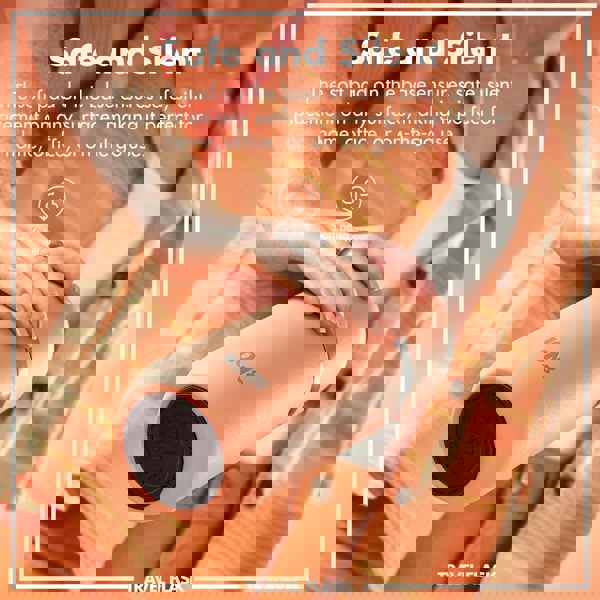 A person holds a peach-colored flask labeled ION8 with a soft base in a warmly lit setting wearing an orange plaid shirt. Text: "Safe and Silent. The soft pad on the base ensures safe, silent placement on any surface, making it perfect for home, office, or on-the-go use. Soft base. TRAVEL FLASK."