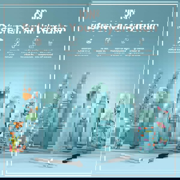 Several water bottles, displaying various sizes and colorful designs, are arranged on a light blue surface. The bottles are promoting hydration. The text reads: "ION8 Refresh Your Hydration," "Choose from 3 different materials," "Sizes to suit any user," "Hundreds of designs to choose from," and "Shop our wide range of accessories."