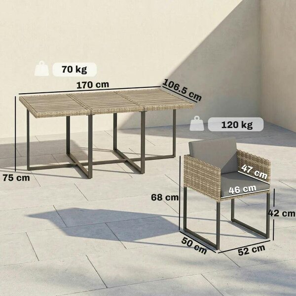 7 Piece Rattan Garden Furniture Set, Garden Dining Set with Wood-Plastic Table and 6 Stackable Chairs, Light Brown