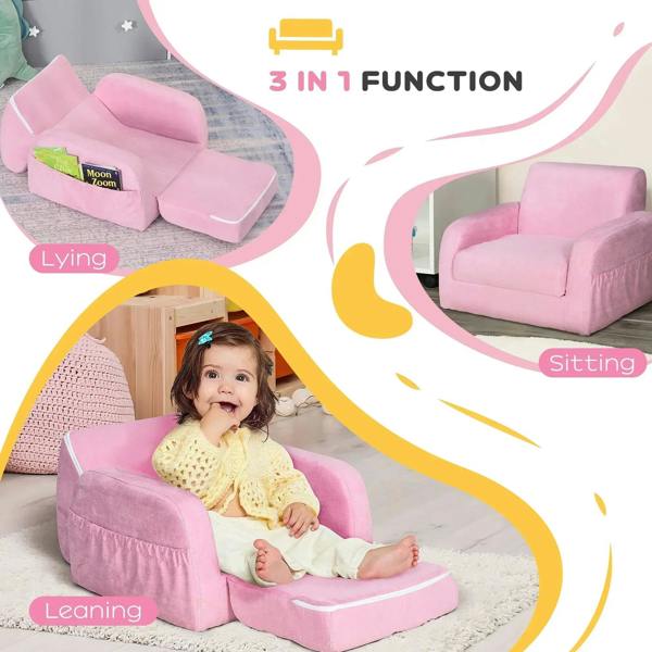 Pink toddler sofa bed in multiple uses, showing lounging and sitting with padded cushions