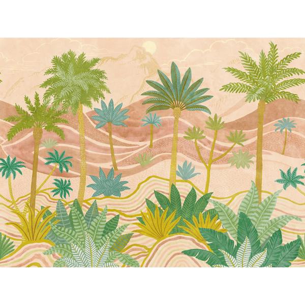 Grandeco Palm Spring Landscape Scene 7 panel Repeatable Textured Mural, 3.71 x 2.8m, Pink